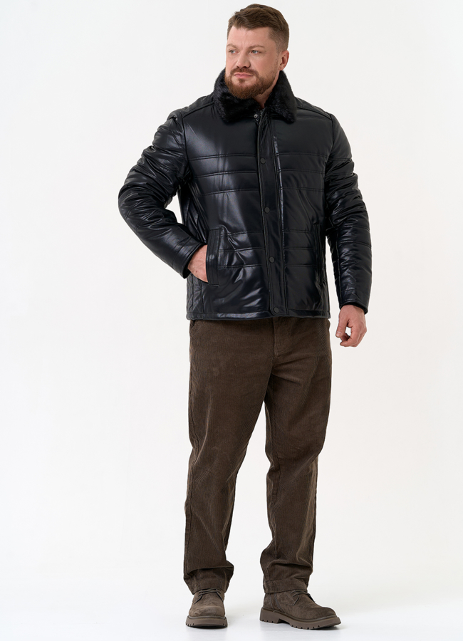 Пуховик из эко кожи с воротником стойкой модель № 31723 в рассрочку