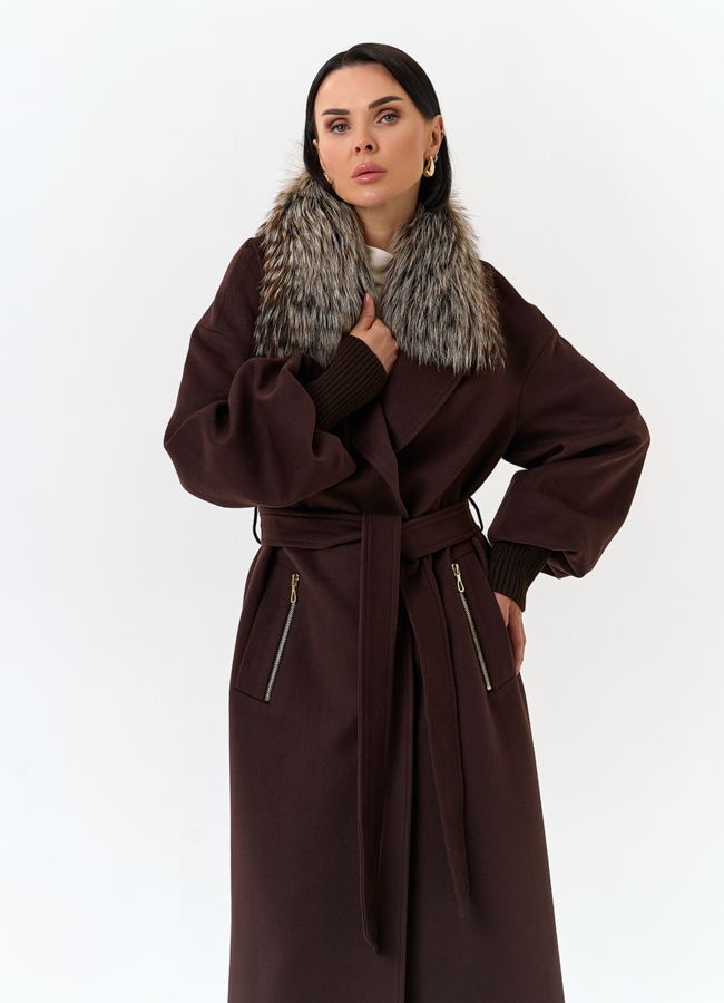 Женское длинное пальто с отделкой из меха лисы модель № 32857 универмаг малина