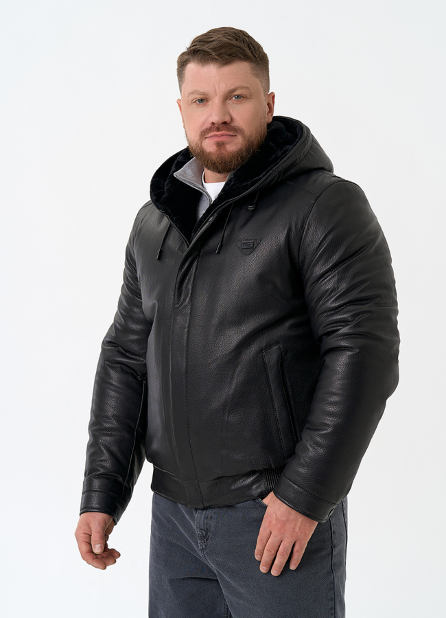Мужской пуховик из натуральной кожи с капюшоном модель № 32051 универмаг малина