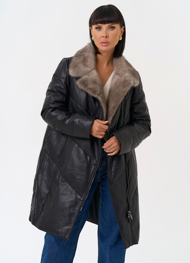 фото Пуховик из натуральной кожи с воротником из меха норки модель № 31566
