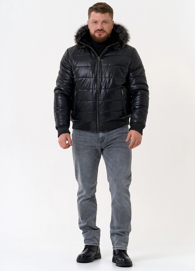 фото Пуховик из эко кожи черного цвета  модель № 31724