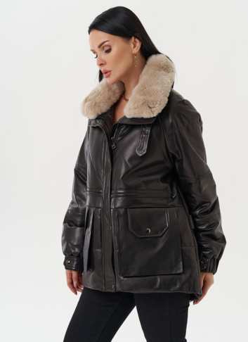 Пуховик из натуральной кожи с отделкой из меха кролика