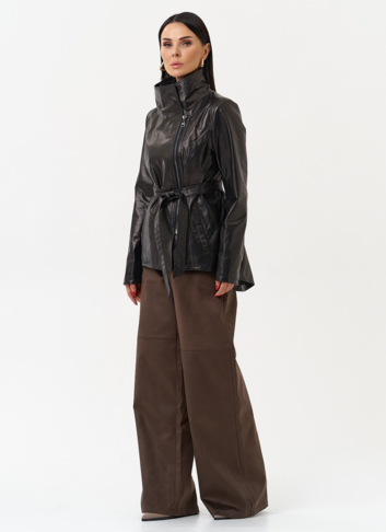 Удлиненная куртка из натуральной кожи с поясом