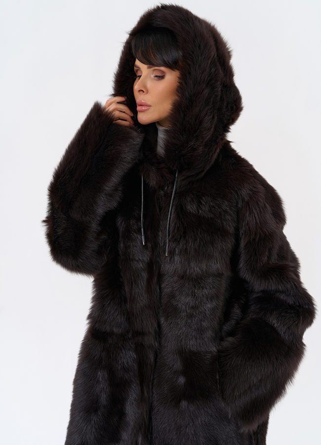 Женская двухсторонняя дубленка с капюшоном модель № 31851 универмаг малина