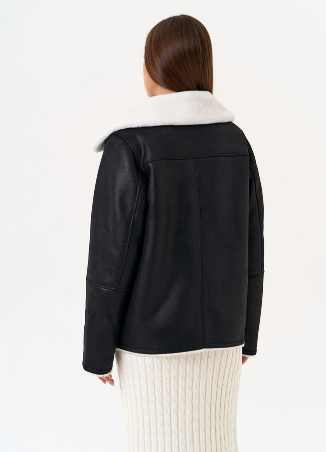 фото Женская дубленка из эко замши черного цвета модель № 31514