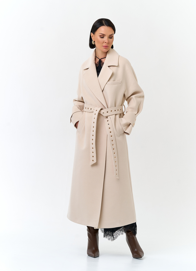 фото Женское пальто с акцентным поясом модель № 32807