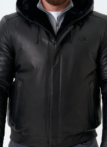 Мужской пуховик из натуральной кожи с капюшоном