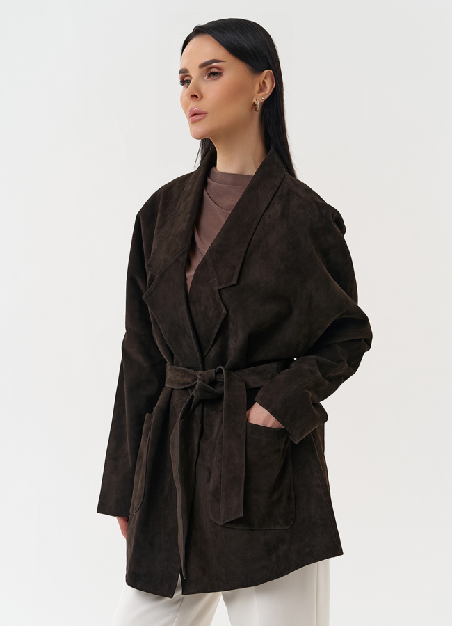 фото Куртка из натуральной замши коричневого цвета модель № 30400