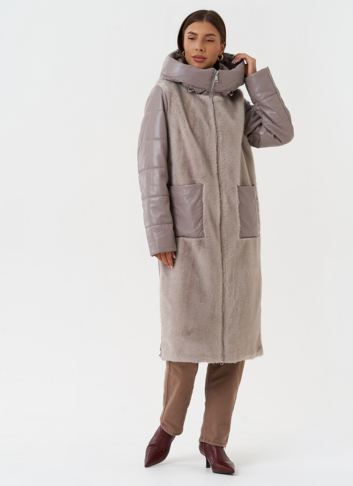 Комбинированный пуховик из эко кожи с капюшоном