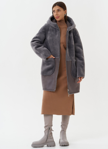 Двухсторонняя эко дубленка с капюшоном