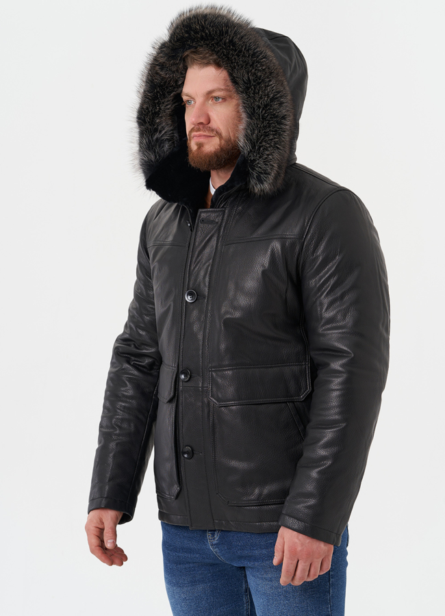 Пуховик из натуральной кожи с мехом енота модель № 25995 универмаг малина