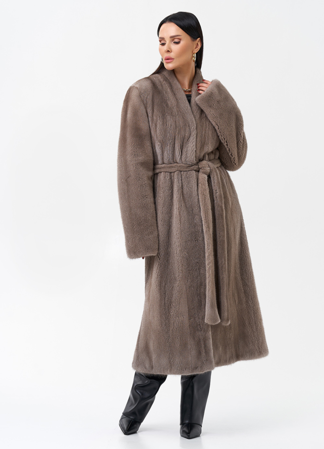 Длинная шуба из норки с поясом модель № 29088 универмаг малина