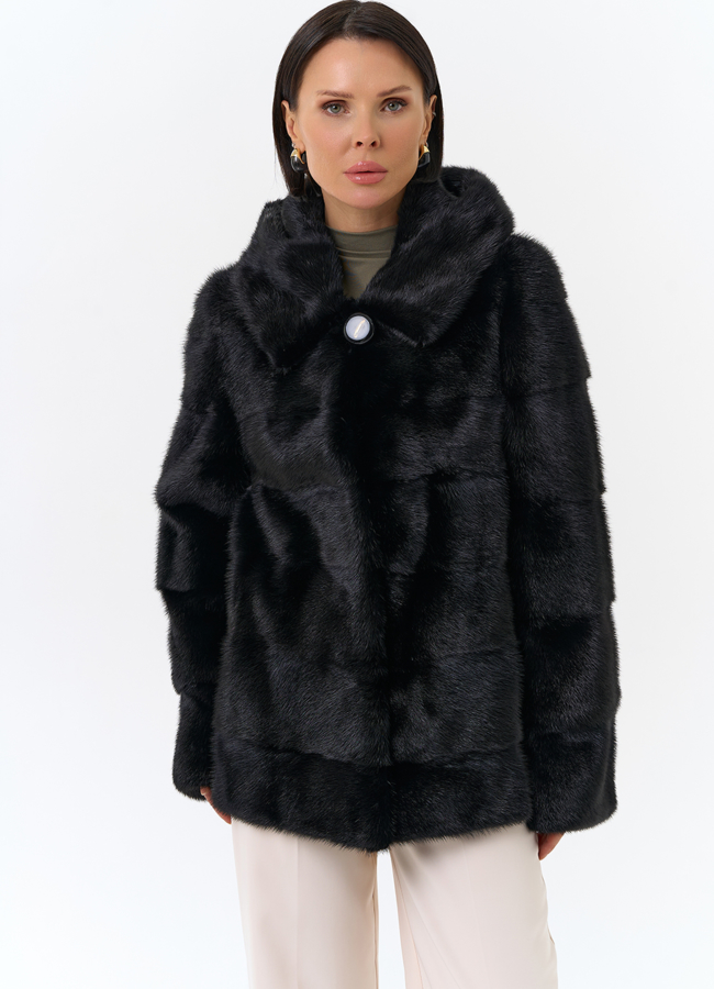 Укороченная норковая шуба черного цвета 2 в 1 модель № 25396 меха малина