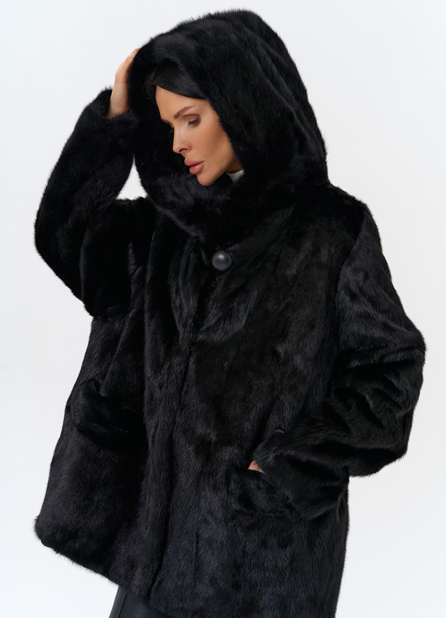 Шуба из меха норки с капюшоном модель № 29104 универмаг малина