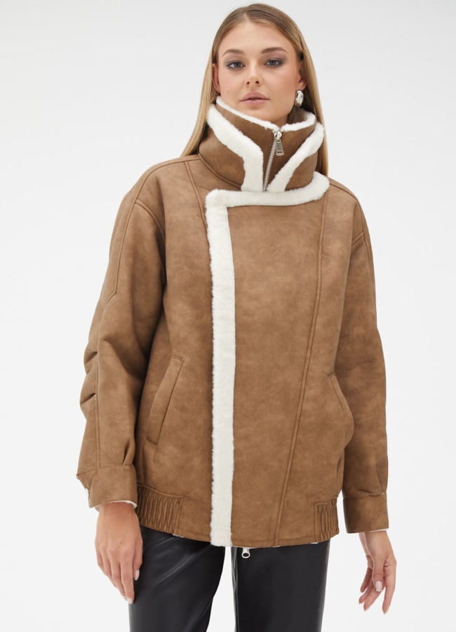 Женская дубленка из эко кожи с воротником стойкой модель № 32024 меха малина