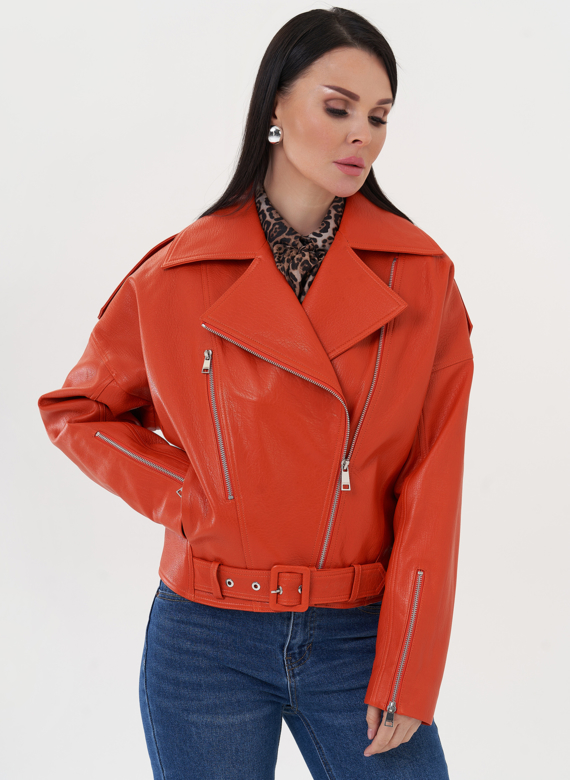 Кожаная куртка "косуха" оранжевого цвета