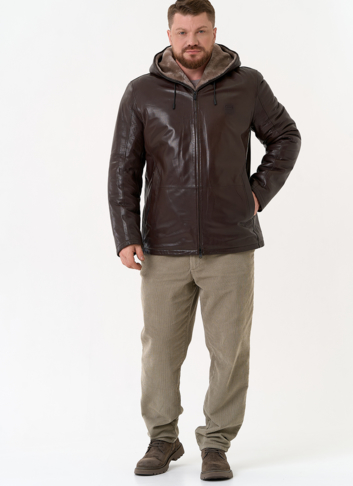 Мужская дубленка коричневого цвета с капюшоном