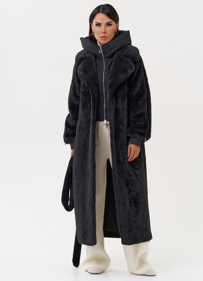 Длинная женская шуба из эко меха в цвете графит модель № 31236 универмаг малина