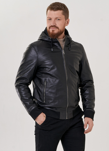 Мужская кожаная куртка с капюшоном 