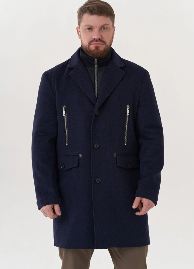 Мужское пальто синего цвета модель № 26861 меха малина