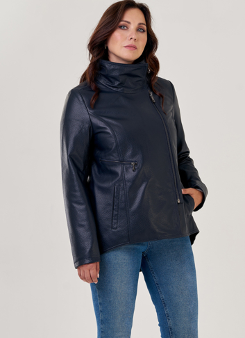 Кожаная куртка на молнии темно-синего цвета 