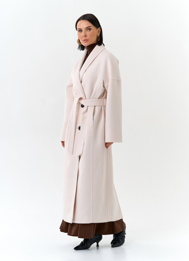 Светлое женское пальто с воротником шаль модель № 32726 универмаг малина