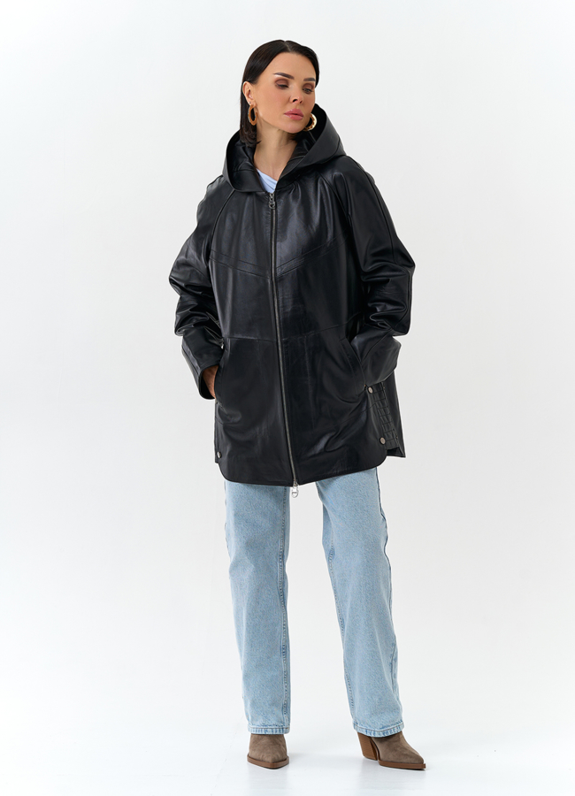 Женская куртка из натуральной кожи с капюшоном модель № 32874 в рассрочку