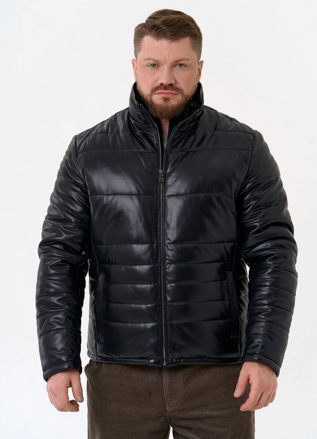 Пуховик из эко кожи черного цвета модель № 31722 меха малина