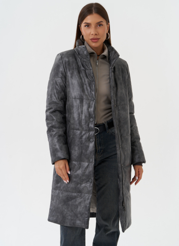 Пуховик из эко кожи с поясом