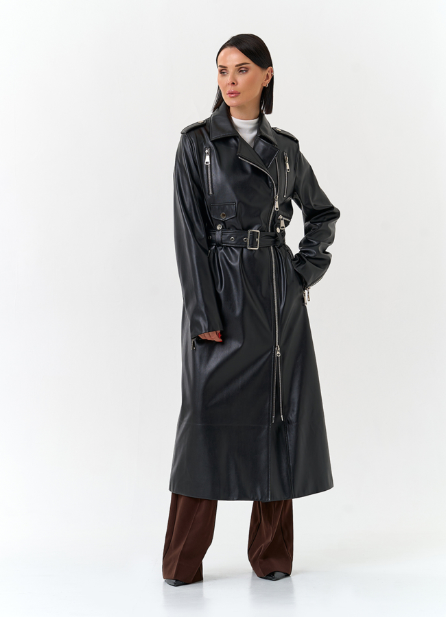 Женский длинный плащ из эко кожи  модель № 27166 универмаг малина