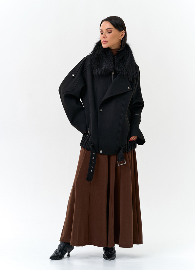Женское укороченное пальто с отделкой из меха лисы модель № 32782 в рассрочку