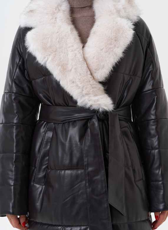 Пуховик из эко кожи с английским воротником
