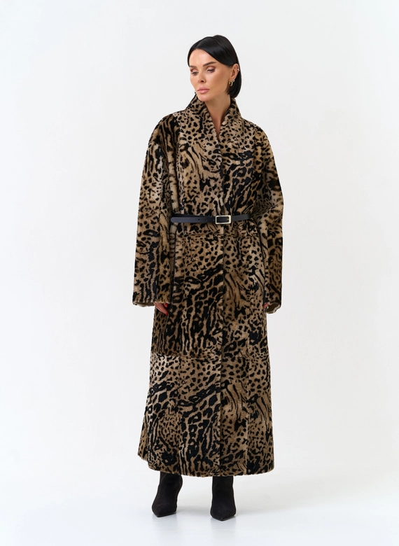 Двухсторонняя женская дубленка с декоративным поясом фото