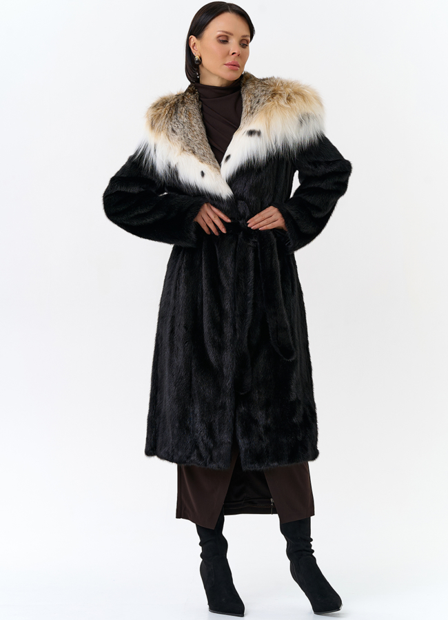 Норковая шуба с рысью в черном цвете модель № 25002 универмаг малина