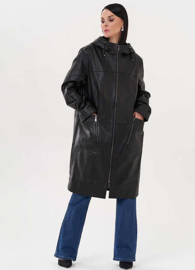 фото Кожаный плащ с капюшоном модель № 26955