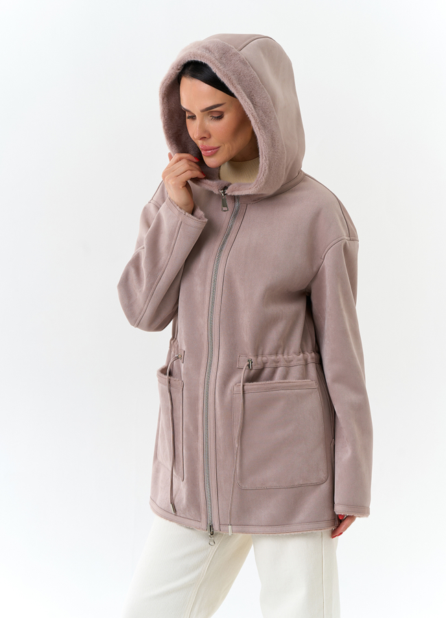 Двухсторонняя дубленка из эко замши с капюшоном модель № 32695 универмаг малина