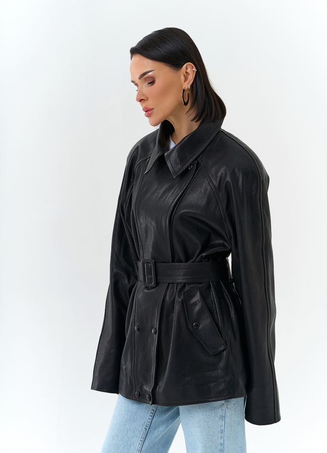 Женская куртка из натуральной кожи  с поясом модель № 32872 универмаг малина