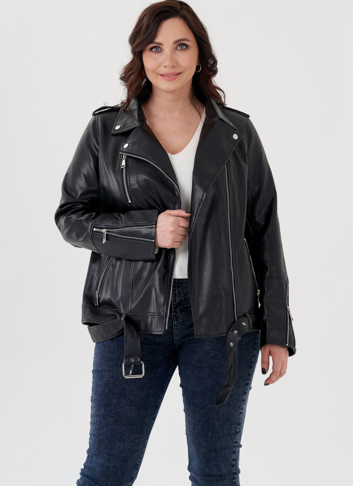 Удлиненная куртка косуха в черном цвете с ремнем