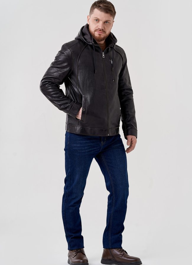 Мужская кожаная куртка с капюшоном модель № 24388 в кредит