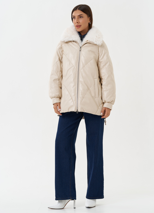 Пуховик из эко кожи с воротником из эко меха модель № 27990 универмаг малина