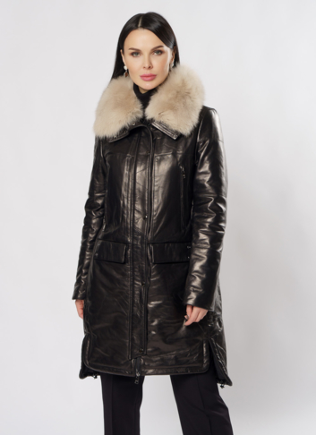 Пуховик из натуральной кожи на молнии черного цвета Пуховик из натуральной кожи на молнии черного цвета