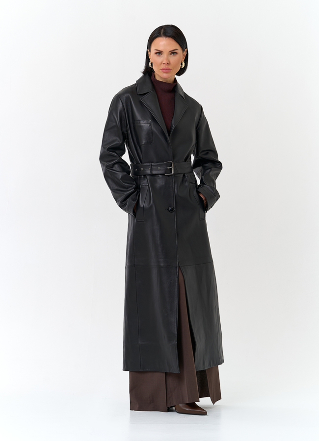 Женский длинный плащ из натуральной кожи модель № 32902 меха малина